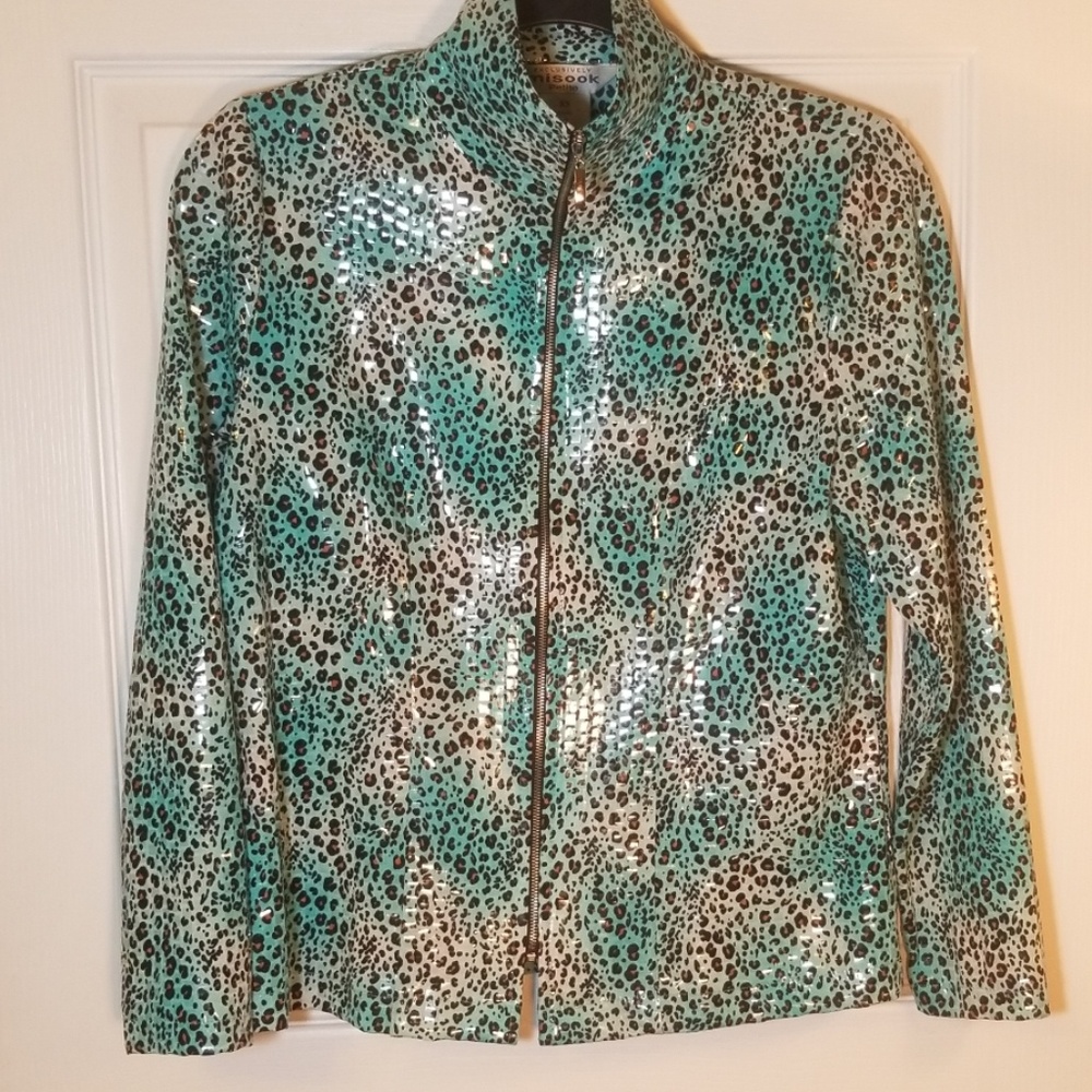 Misook jacket, XS petite, green w/animal print